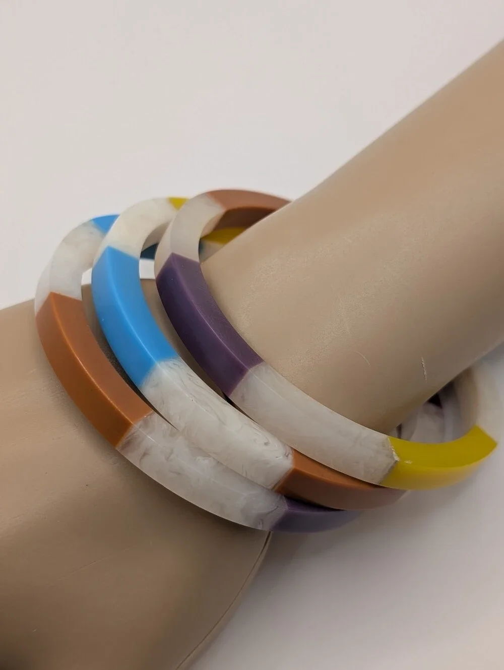 Plunder Colorblock Resin Bangle Trio in Yellow, Blue, Purple, Orange, Cream